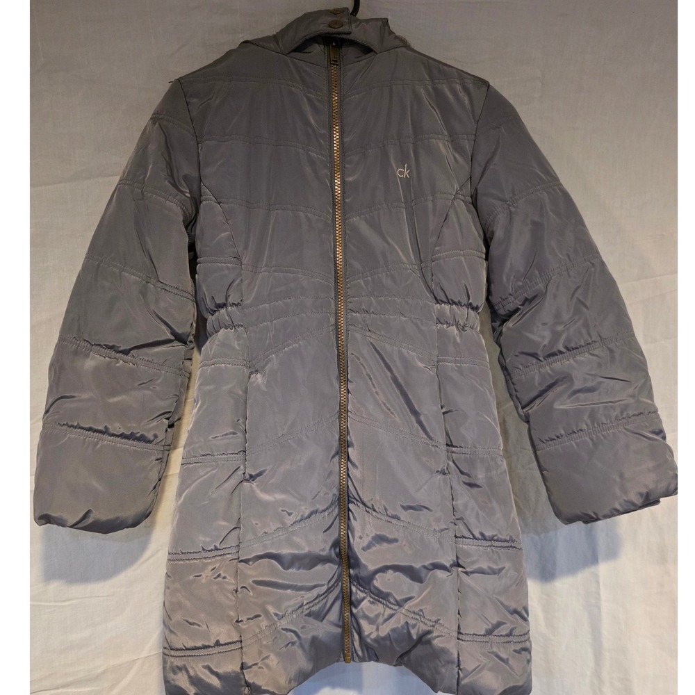 Calvin Klein Puffer Coat Gray Faux Fur Hood Quilted Kids Size M 8/10 16x27